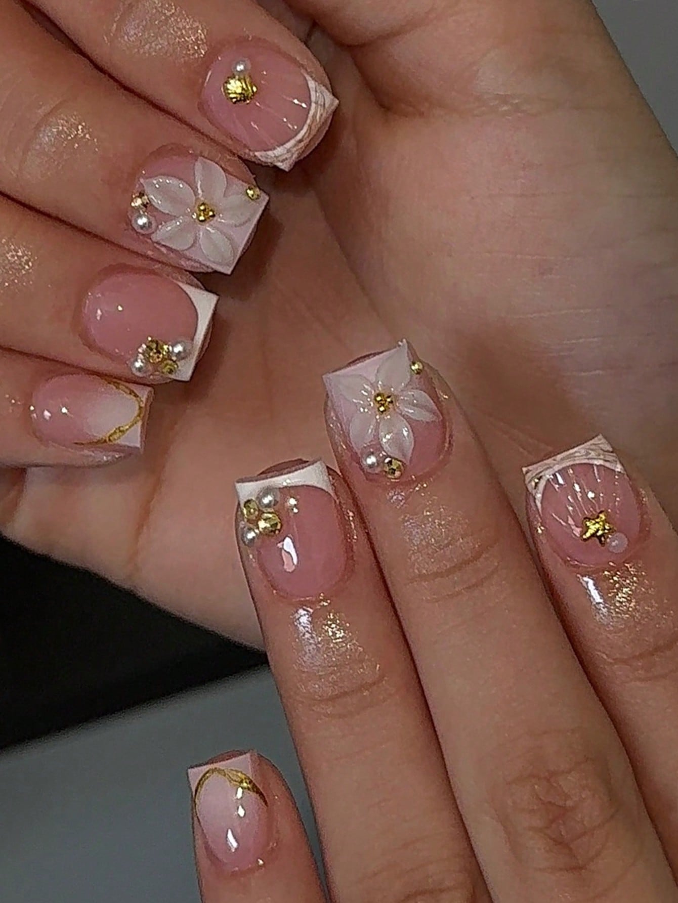 Nail Art Chrome - 24개 짧은 스퀘어 화이트 프렌치 플라워