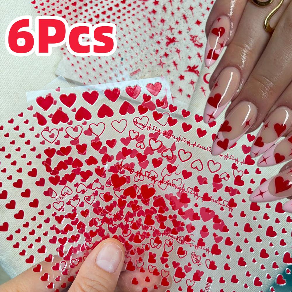 Nail Art Valentines Day - 6개/세트 빨간색 하트 발렌타인데이 네일 아트