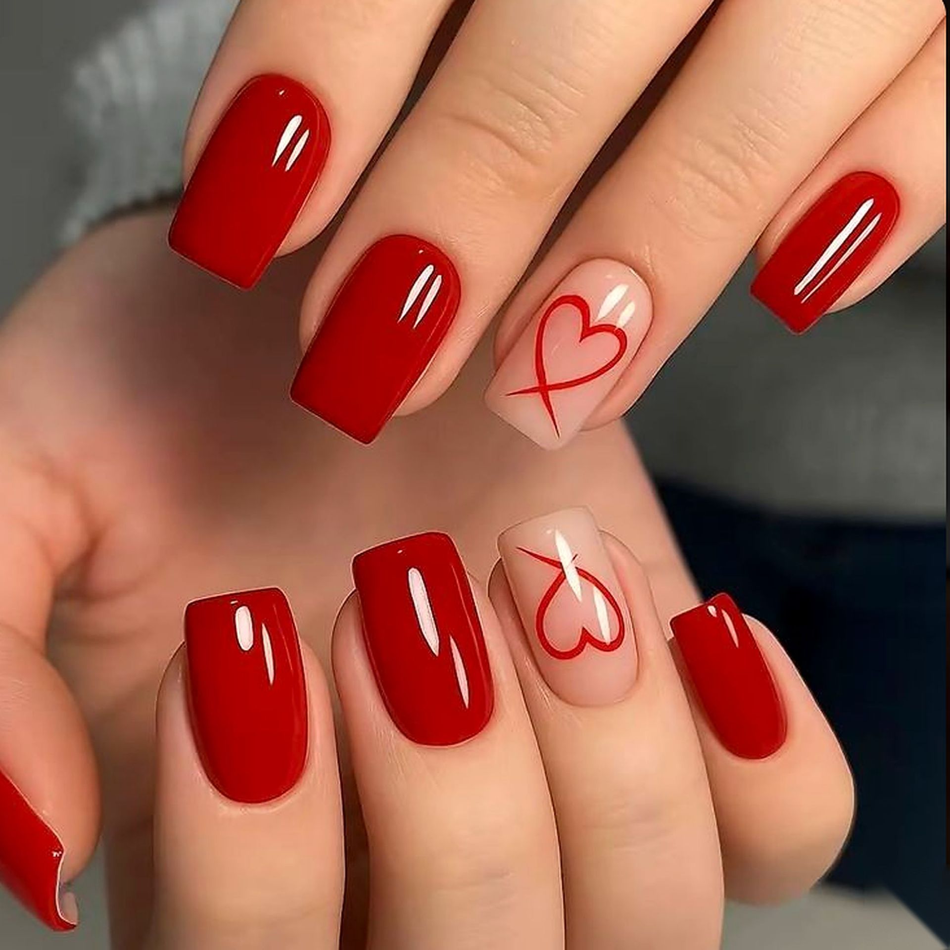 Nail Art Valentines Day - 24개입 짧은 사각형 광택 발렌타인데이 레드