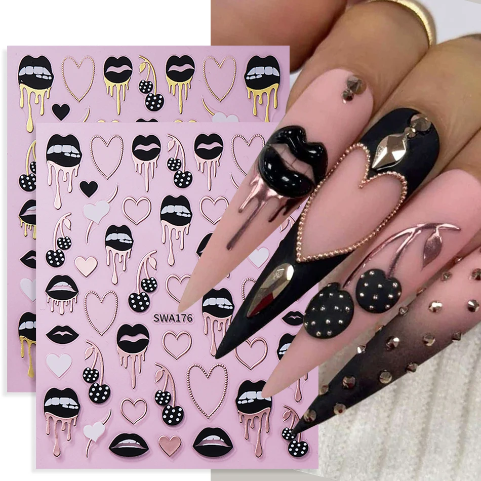 Nail Art Valentines Day - 2개 블랙 립스 러브 하트 네일
