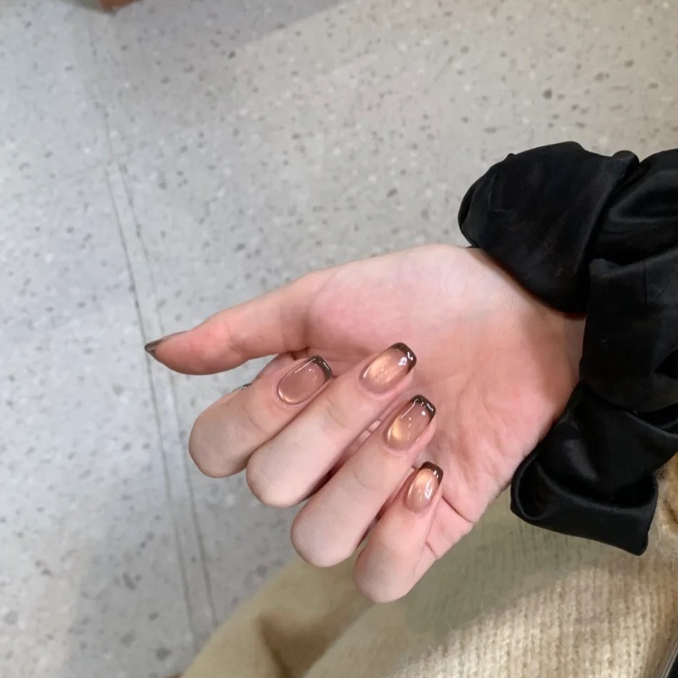 Nail Art Red Wine Cat Eye - 10개입 짧은 프렌치 프레스온 네일 캣아이