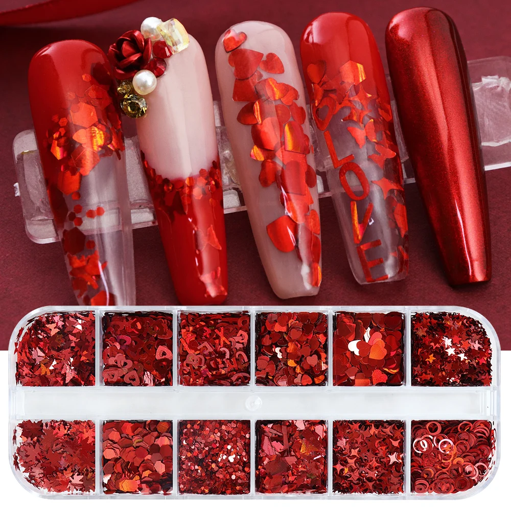 Nail Art Valentines Day - 홀로그램 레드 네일 아트 반짝이 플레이크