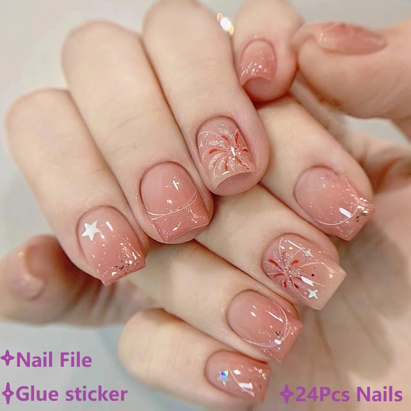 Nail Art Ombre Pink - 짧은 핑크색 프레스온 네일 심플 옴브레