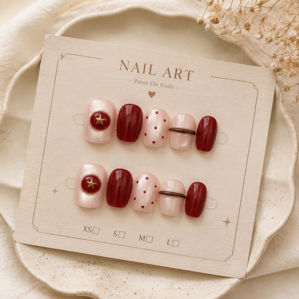 Nail Art Red Wine Cat Eye - 10개 누드 펄 캣아이 와인 핸드메이드