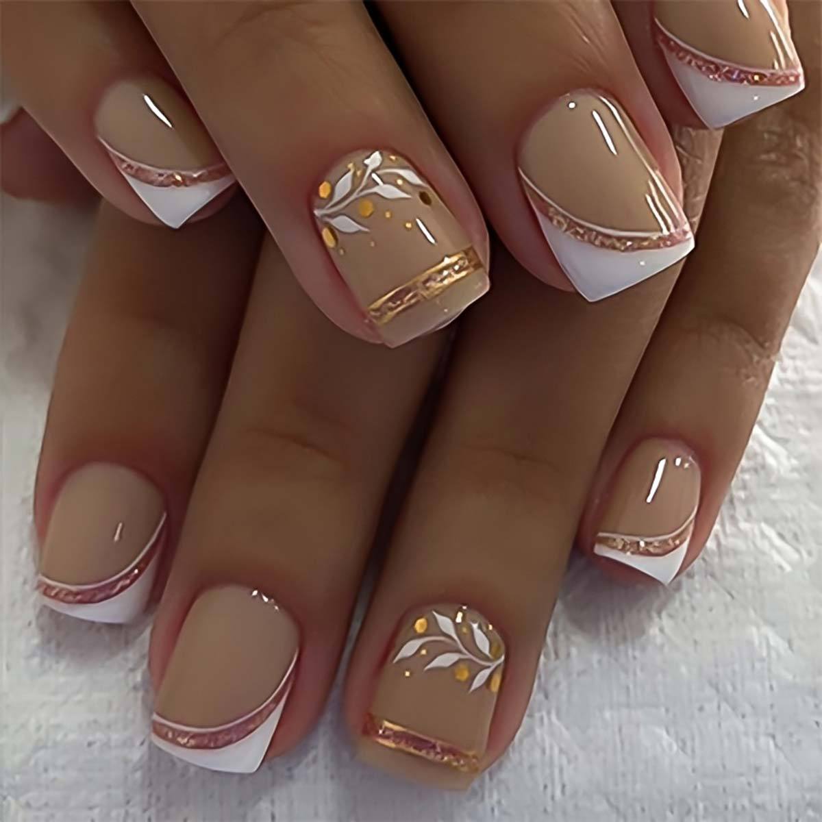 누드 숏 스퀘어 프레스온 네일 화이트 리프 프린트 골드 - Nail Art Design 리뷰 및 가격