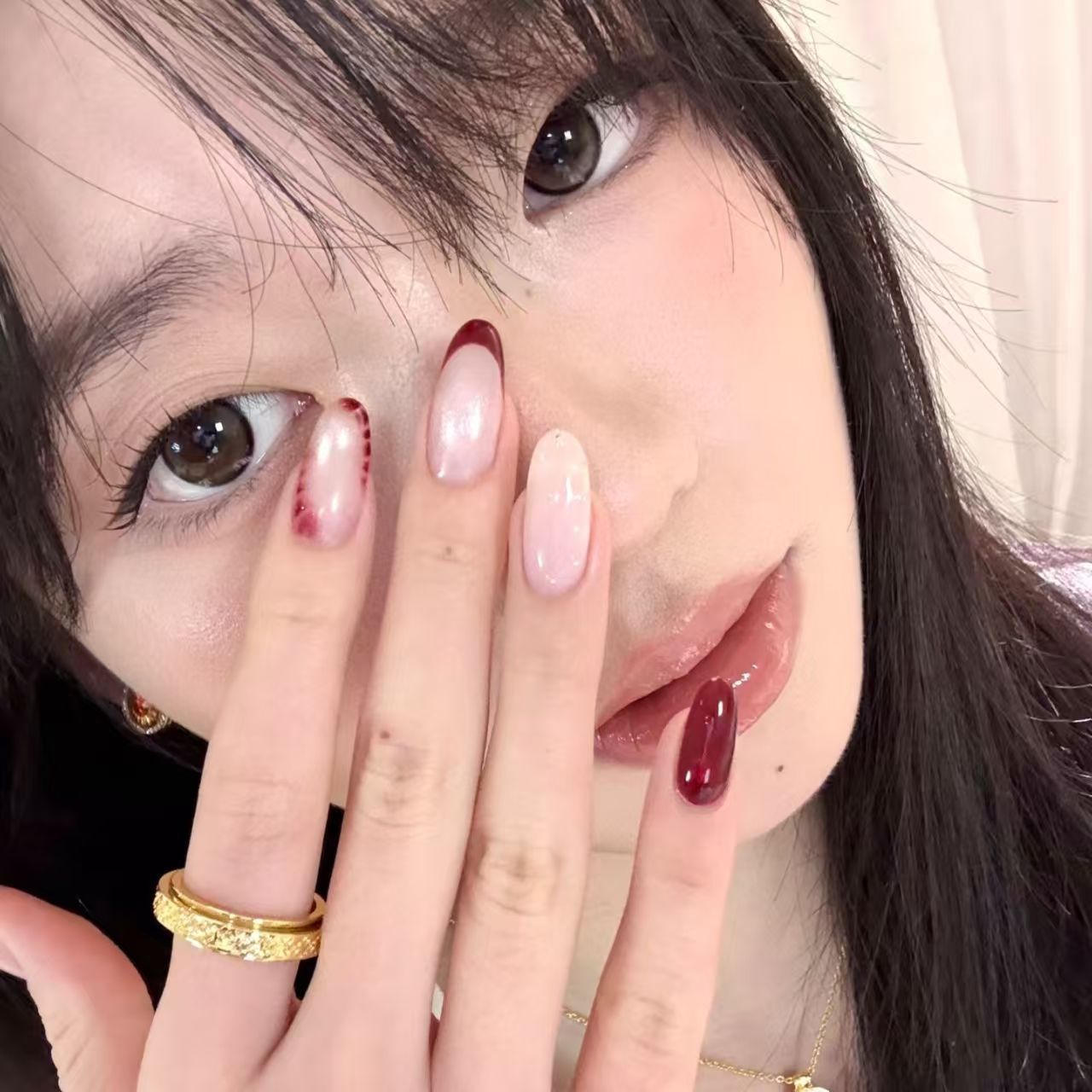 10개 수제 타원형 프레스온 네일 프렌치 캣아이 와인  - Nail Art Red Wine Cat Eye 리뷰 및 가격