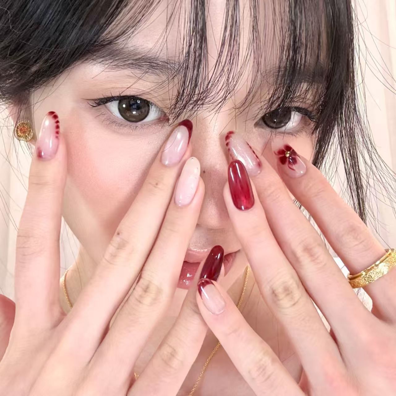 10개 수제 타원형 프레스온 네일 프렌치 캣아이 와인  - Nail Art Red Wine Cat Eye 리뷰 및 가격