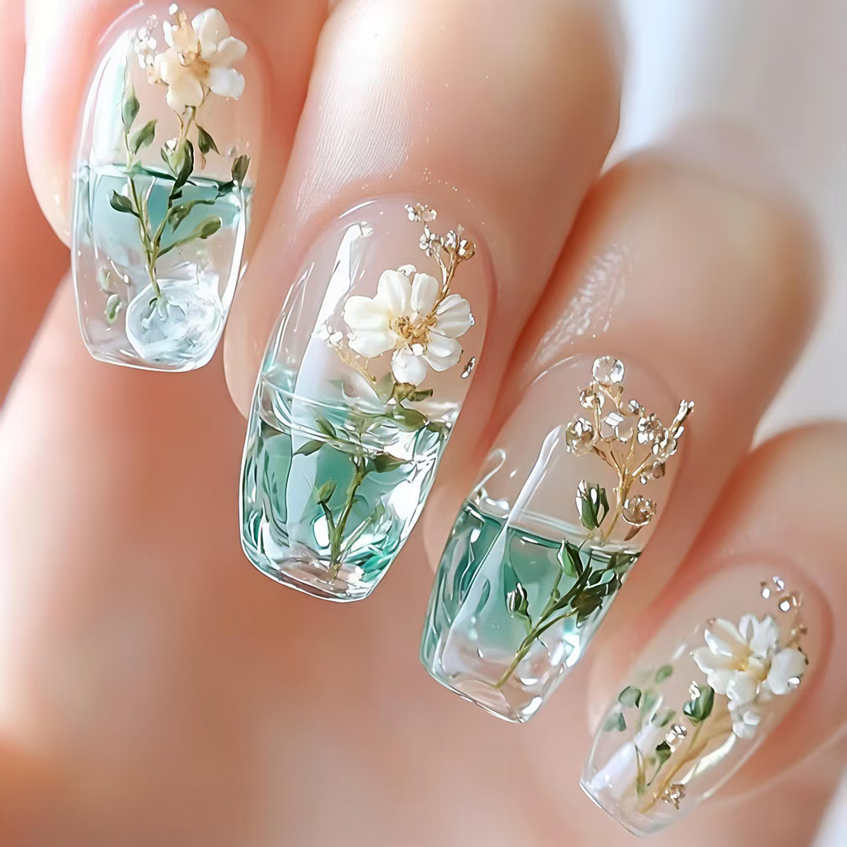여성용 중간 사이즈 가짜 손톱, 반투명 그라데이션 그린 - Nail Art Design 리뷰 및 가격