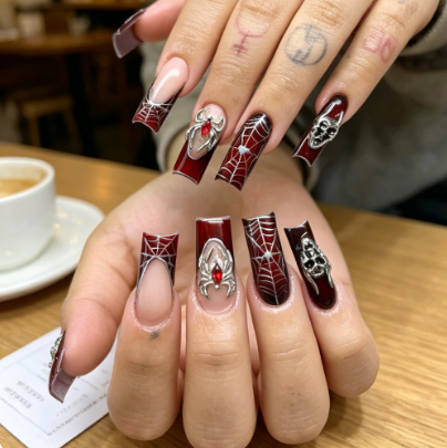 긴 관 모양 누드 그라데이션 버건디 레드 프레스온 네일 - Nail Art Design 리뷰 및 가격