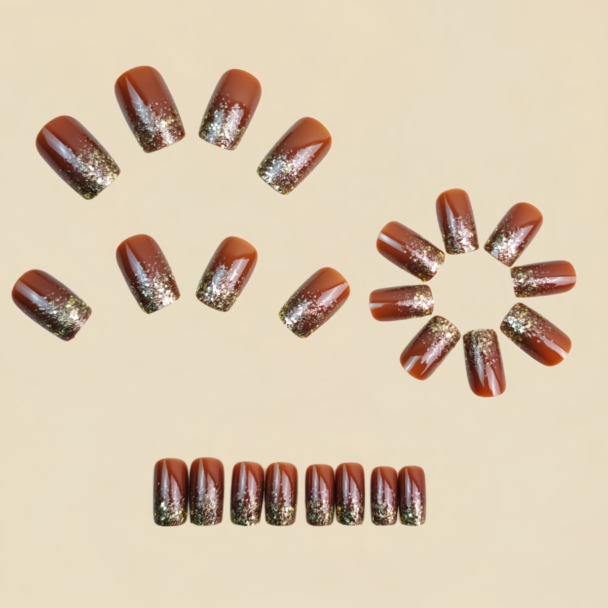 짧은 중간 길이의 가짜 손톱 그라데이션 갈색 빨강 검정 - Nail Art Design 리뷰 및 가격